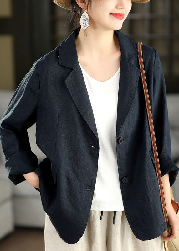 Navy Peter Pan Collar Pockets Linen Coats Long Sleeve