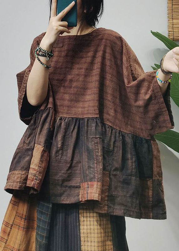 O-neck Wrinkled Patchwork Plaid Shirts Half Sleeve