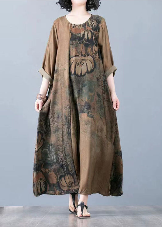 Yellow Patchwork Loose Silk Long Dresses Draping Three Quarter Sleeve