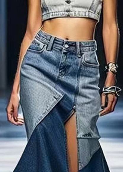 Blue Side Open Patchwork Denim Skirt Summer