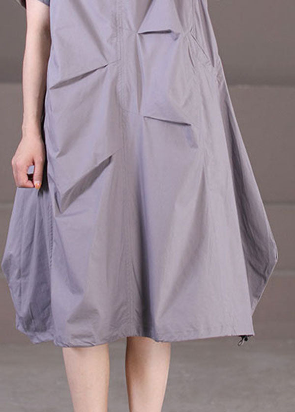 Grey Wrinkled Color Cotton Vacation Dresses Short Sleeve