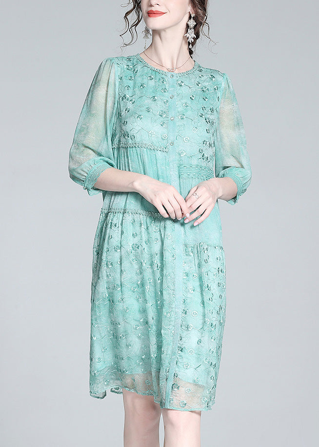 Light Green O-neck Embroideried Button Long Dresses Summer