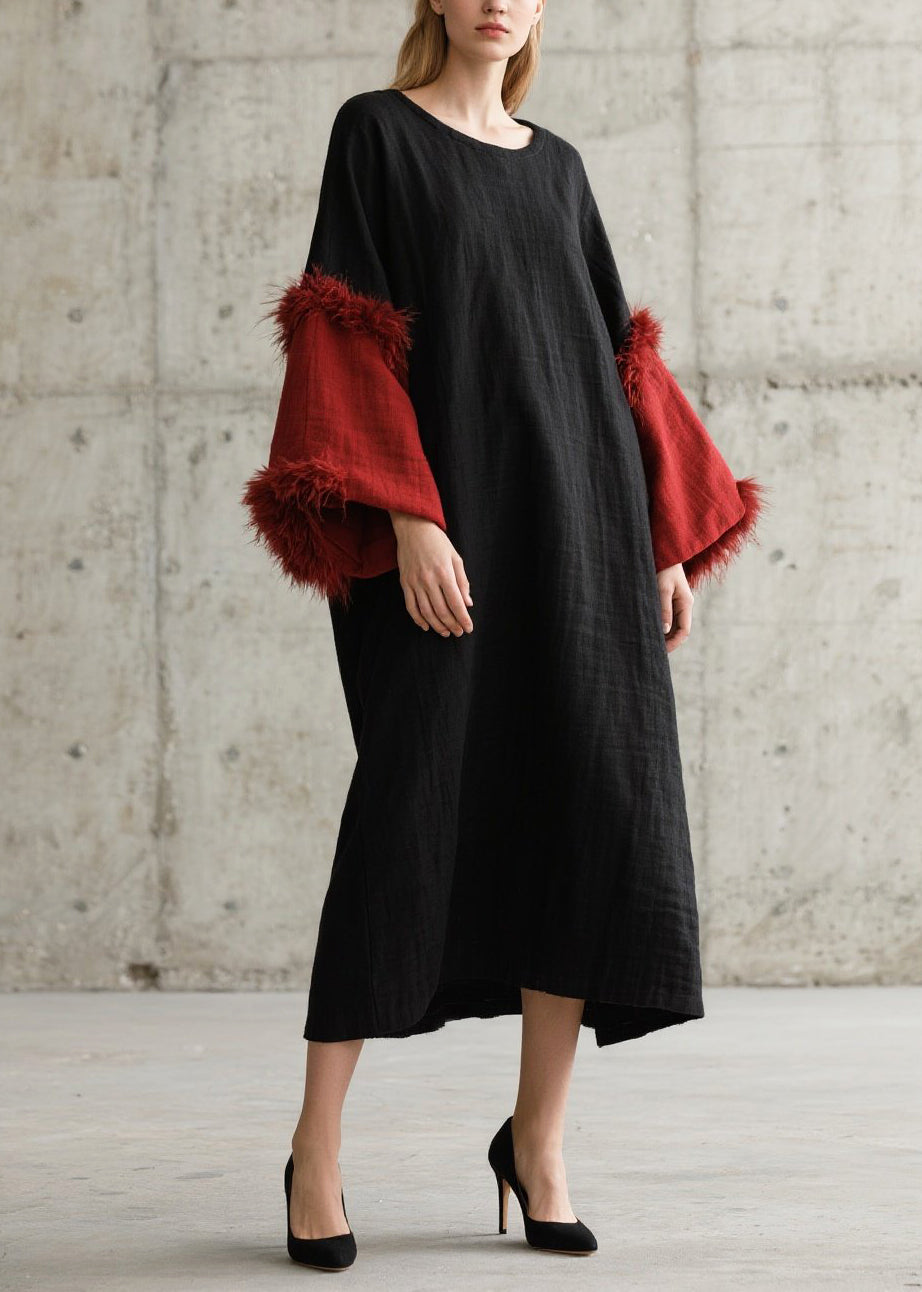 Art Black O-neck Patchwork Faux Fur Dresses Flare Sleeve