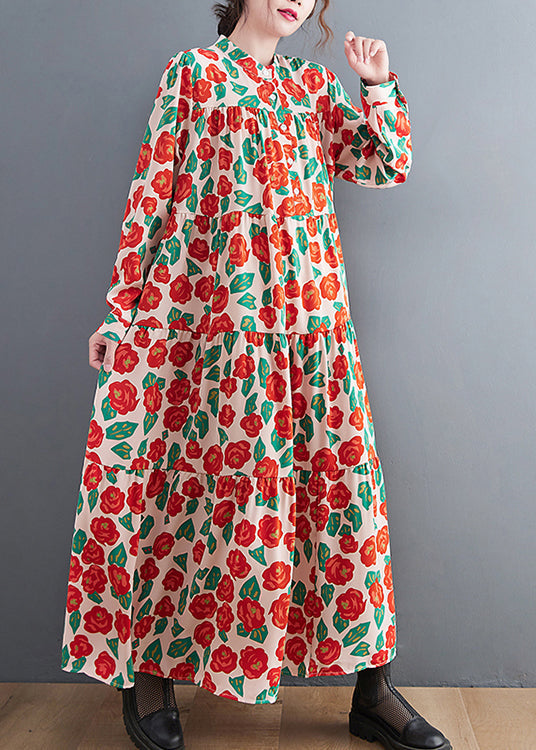 Red Button Stand Collar Shirt Dresses Long Sleeve