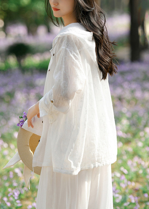 White Hooded Button Patchwork Cotton Coats Long Sleeve
