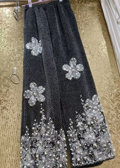 Sequin Flower Bead Embroidery Woolen Straight Leg Pants Winter