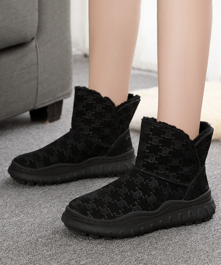 Brown Boots Thick Warm Fleece Cowhide Leather Ankle Boots