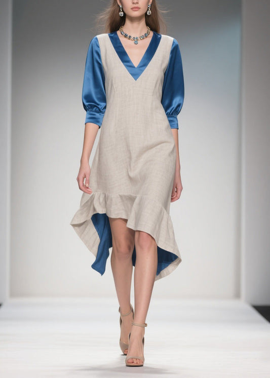 Colorblock Ruffled Patchwork Linen Silk Dress Summer