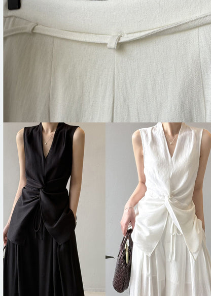 White Asymmetrical Silm Fit Linen Two Pieces Set Sleeveless