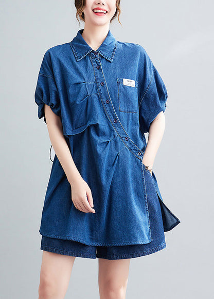 Denim Blue Peter Pan Collar Cotton Shirts and Shorts Two Pieces Set Summer