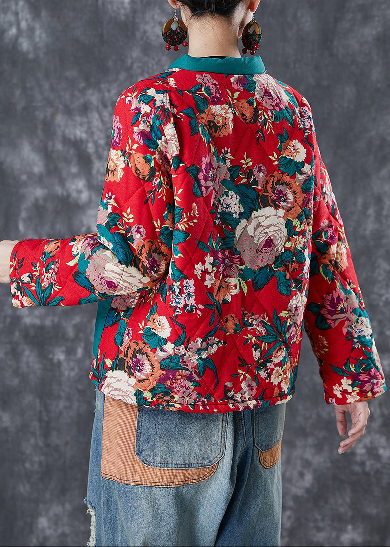 Red Print Patchwork Fine Cotton Filled Jacket Pockets in Winter