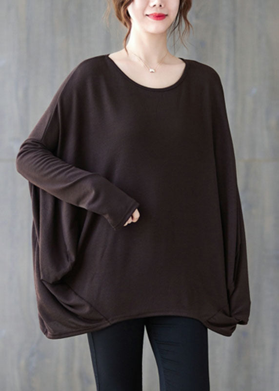 Chocolate O-neck Oversized Cotton Shirt Top Batwing Sleeve