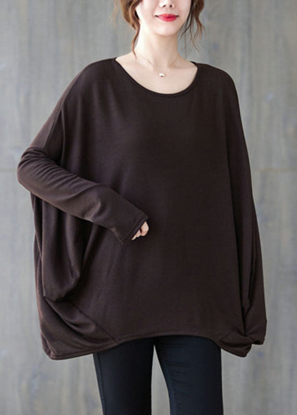 Chocolate O-neck Oversized Cotton Shirt Top Batwing Sleeve