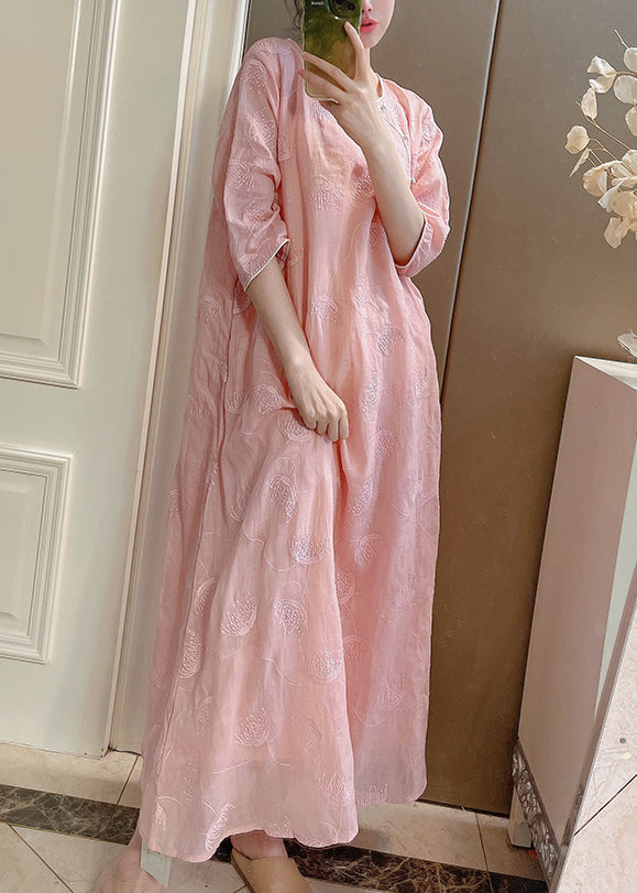 Pink Embroidered Button Linen Two-piece Set Half Sleeve