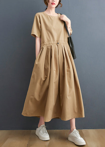 Khaki O-neck Wrinkled Drawstring Maxi Dresses Short Sleeve