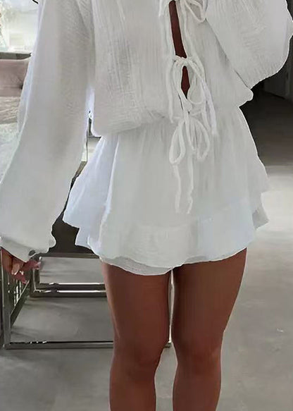New White Lace Up Cotton Mid Dress Spring