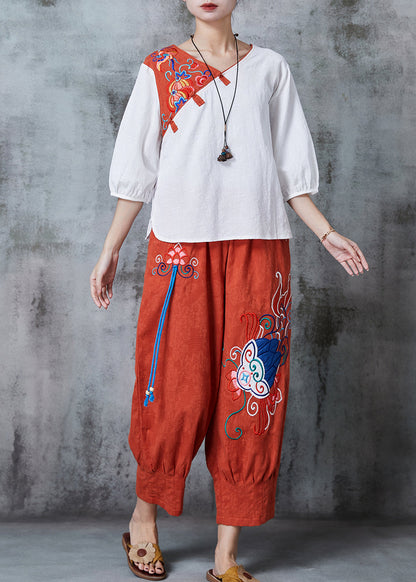 White Oriental Linen Two Piece Set Clothing Embroidered Summer