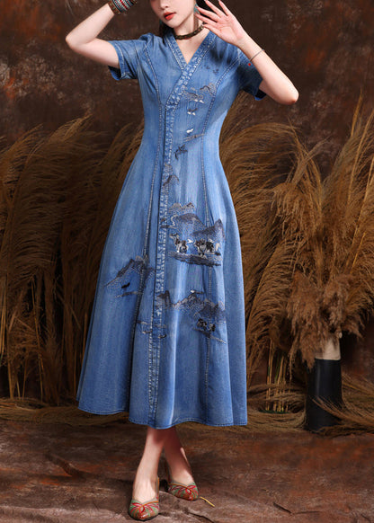 Fine Blue V Neck Embroidered Patchwork Vacation Maxi Denim Dresses Summer