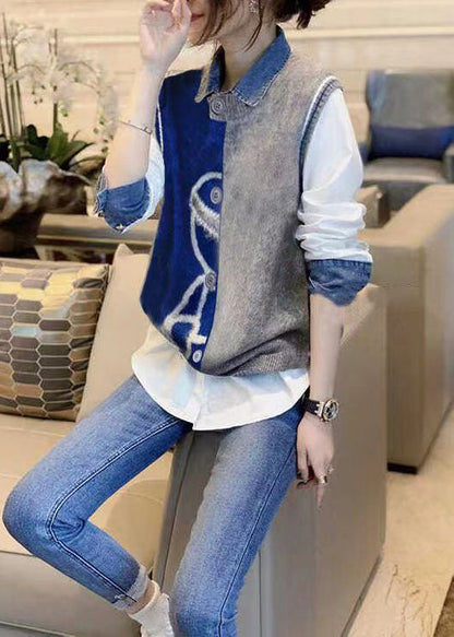 Stylish Vest Denim Patchwork Shirt Autumn New Two-piece Set