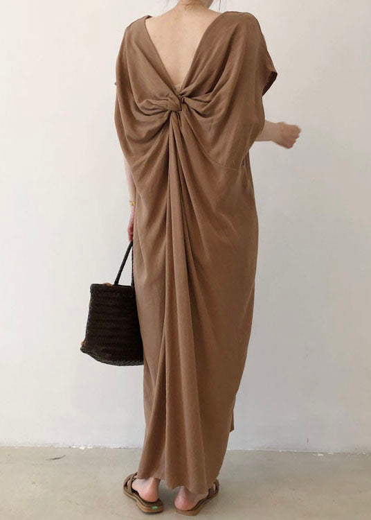 Chocolate Side Open Cotton Short Sleeve Long Dresses