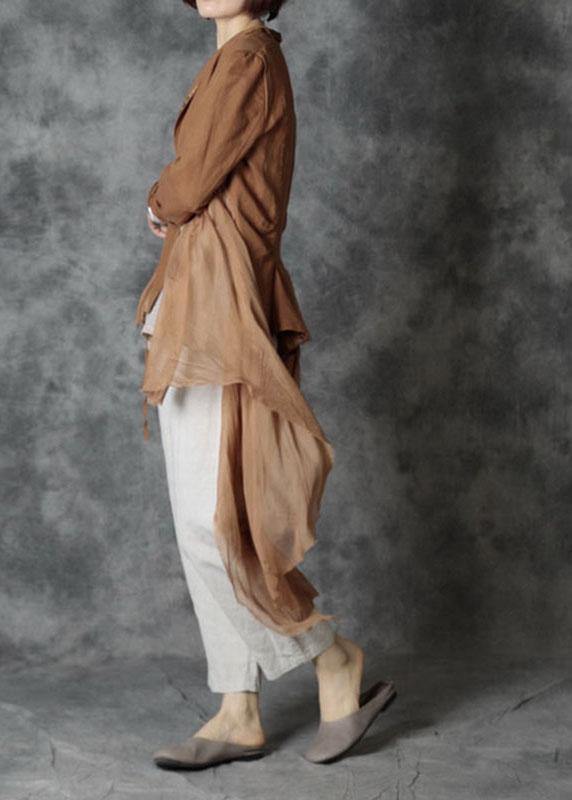 Khaki Tie Waist Patchwork Asymmetrical Design Fall Jackets Long Sleeve