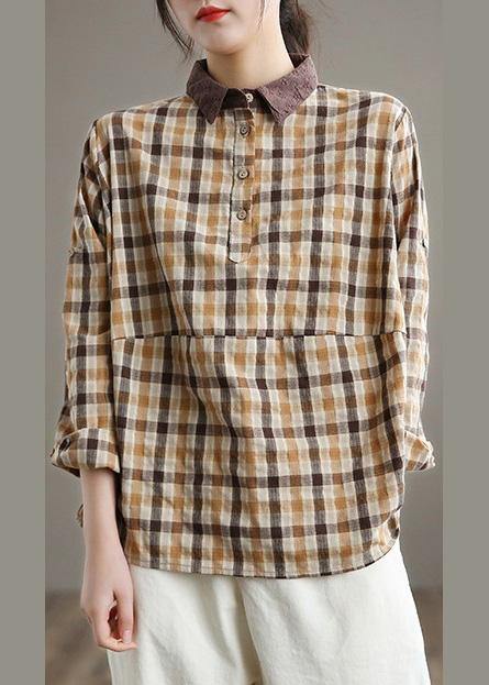 Lapel Patchwork Spring Shirts Fabrics Lighe Orange Plaid Blouses