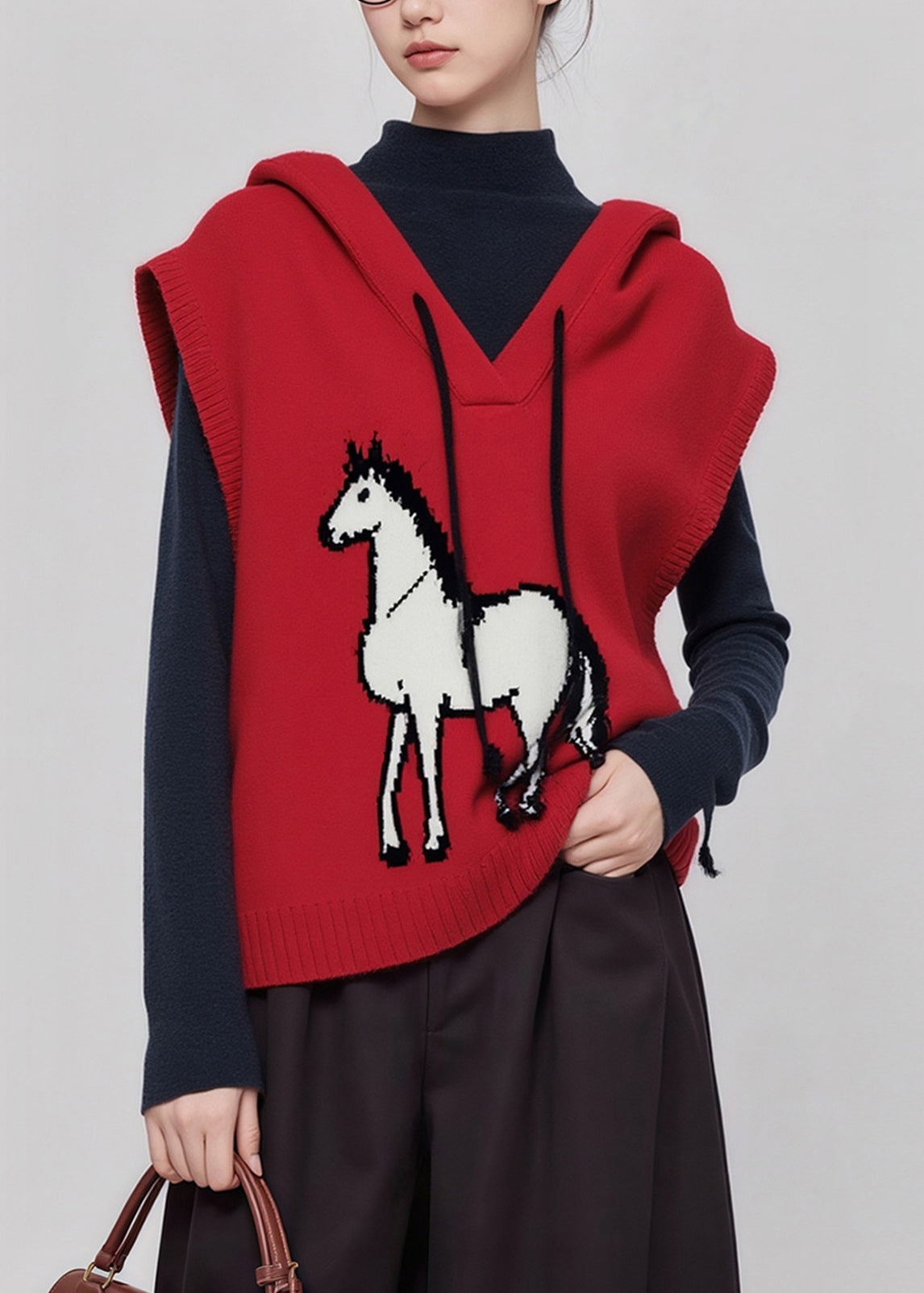 Red Hooded Horse Knit Vests Winter
