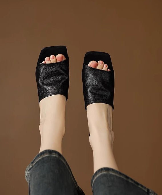 Black Chunky Sheepskin Slide Sandals Peep Toe