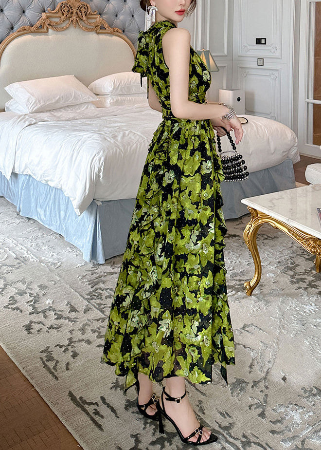 Green Print High Waist Chiffon Holiday Long Dress Summer