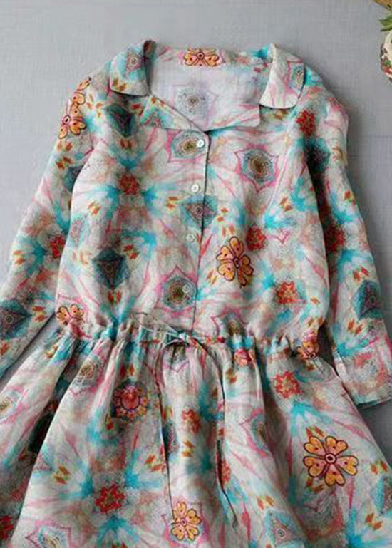 Modern Peter Pan Collar Drawstring Button Print Linen Dress Three Quarter Sleeve