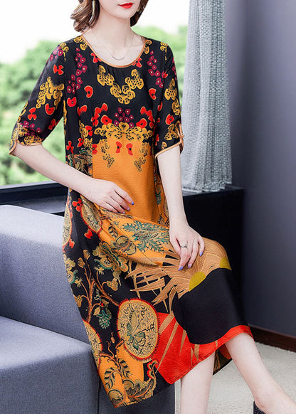 Yellow O-neck Print Silk Dress Half Sleeve