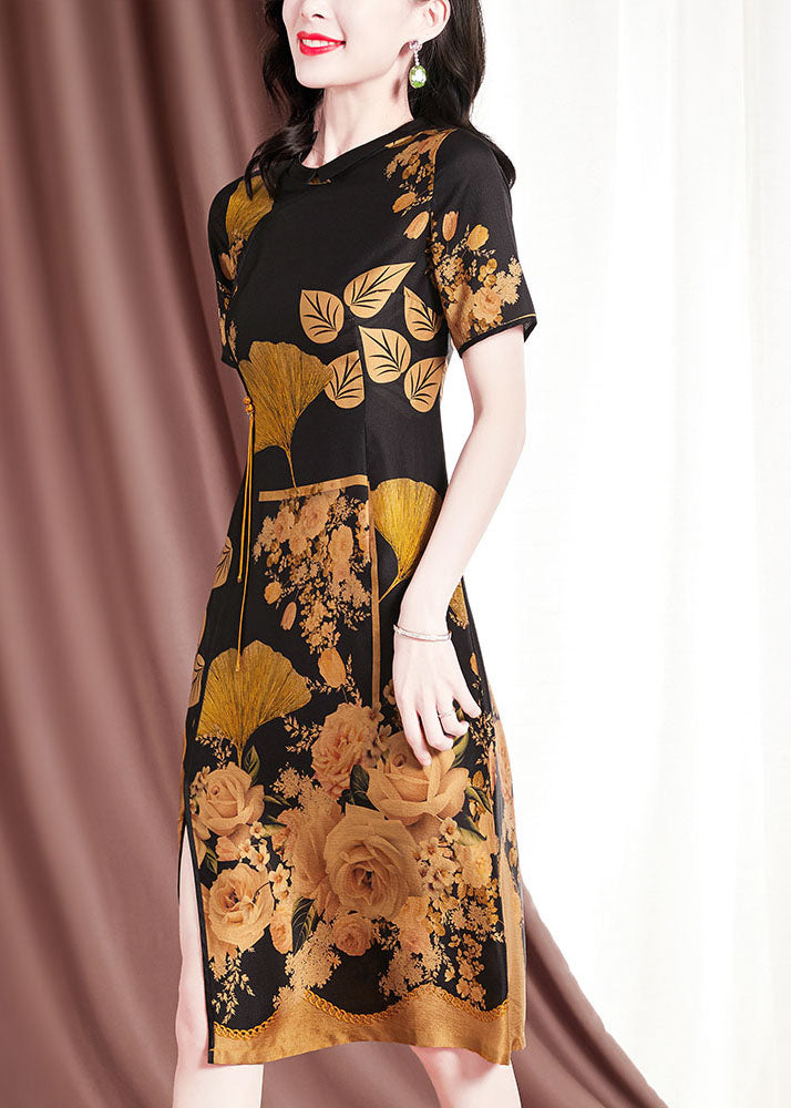 Fitted Black O-neck Print Side Open Silk Dress Short Sleeve
