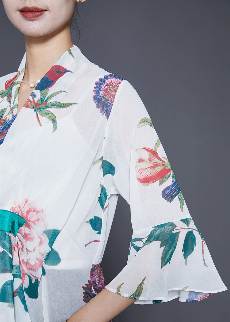 White Asymmetrical Print Chiffon Shirts Flare Sleeve