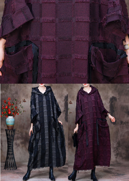 Purple Striped Silk Cotton Hooded Dresses Long Sleeve