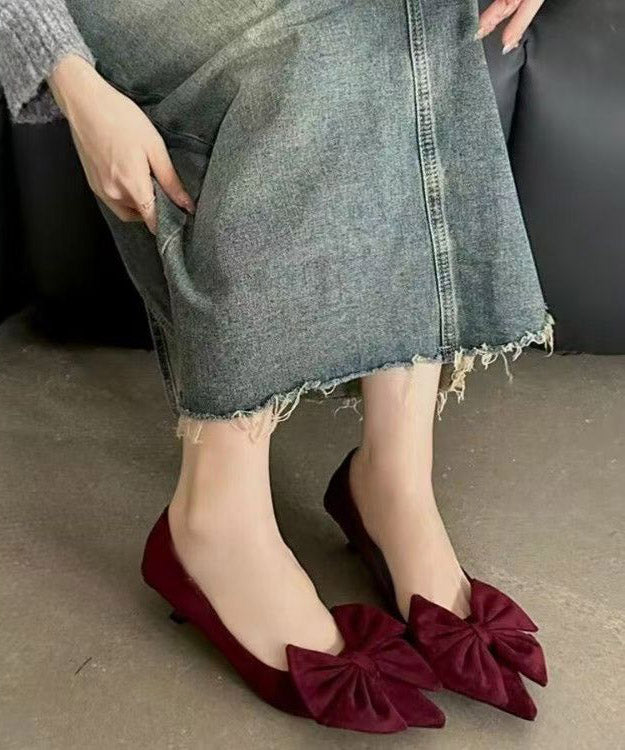 Mulberry Kitten Heels Suede Splicing Bow Pointed Toe