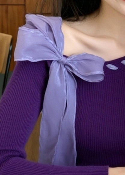 Stylish Purple Bow Knit Sweater Winter