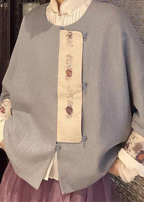 Grey O Neck Button Patchwork Woolen Jacket Winter