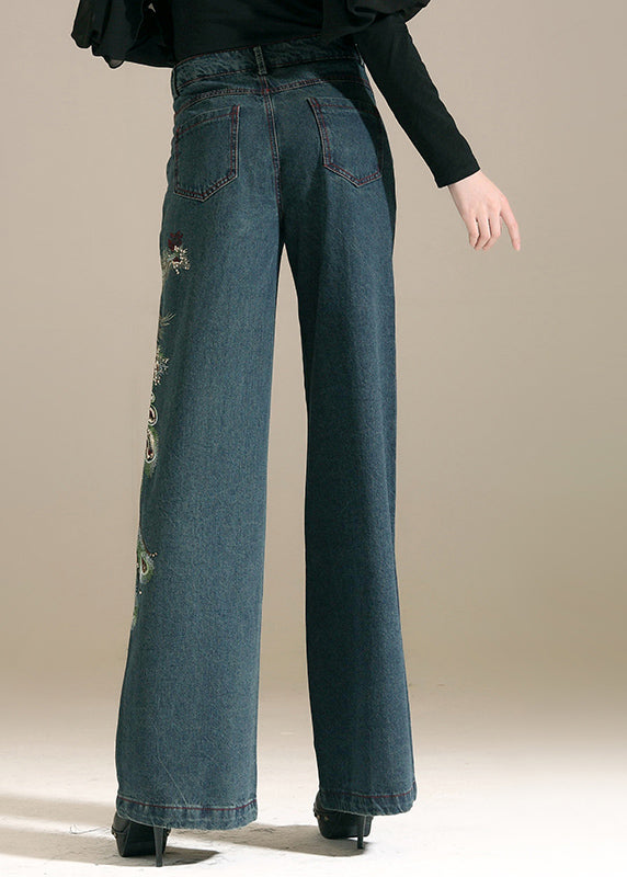 Denim Blue Sequins Embroideried Pockets Cotton Wide Leg Pants Summer
