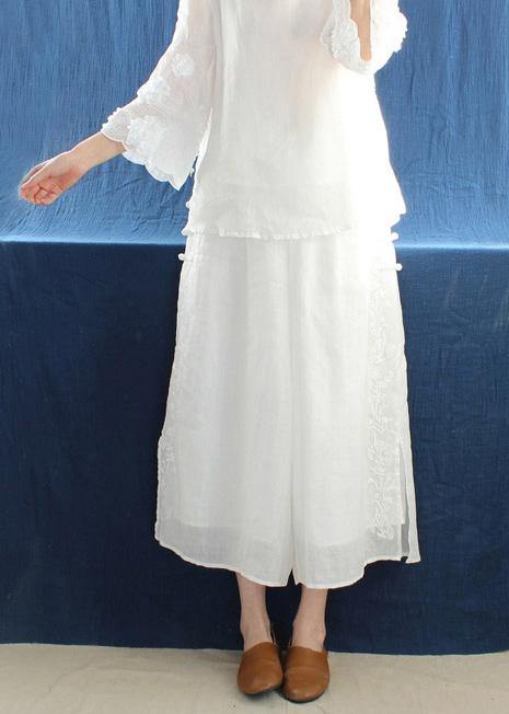 French White Embroidery Pants Summer Elastic Waist Work Pant