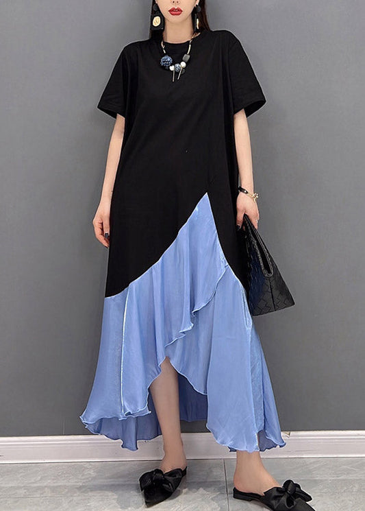 Blue O-neck Asymmetric Patchwork Dress Short Sleeve