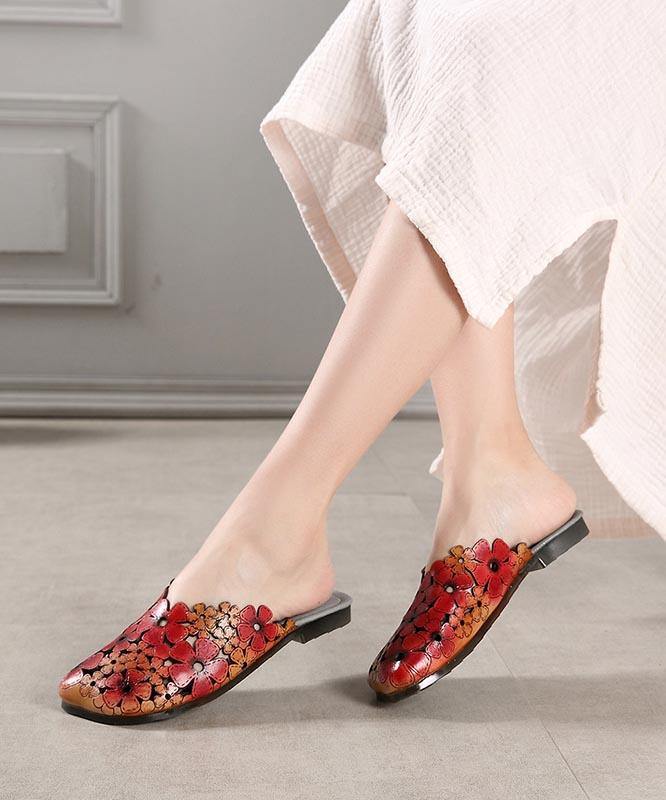 Red Cowhide Leather Hollow Out Slide Sandals