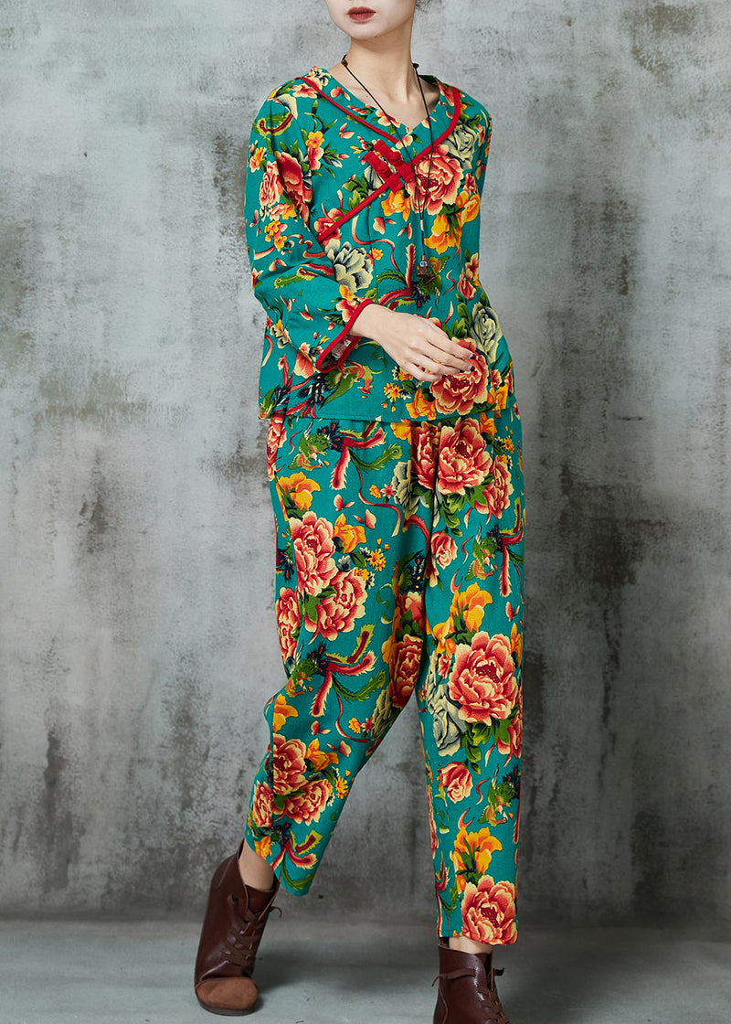 Green Print Cotton Two Pieces Set Chinese Button Spring