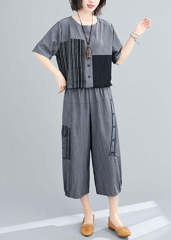 Grey Patchwork Print Two Piece Set Clothing Summer Linen