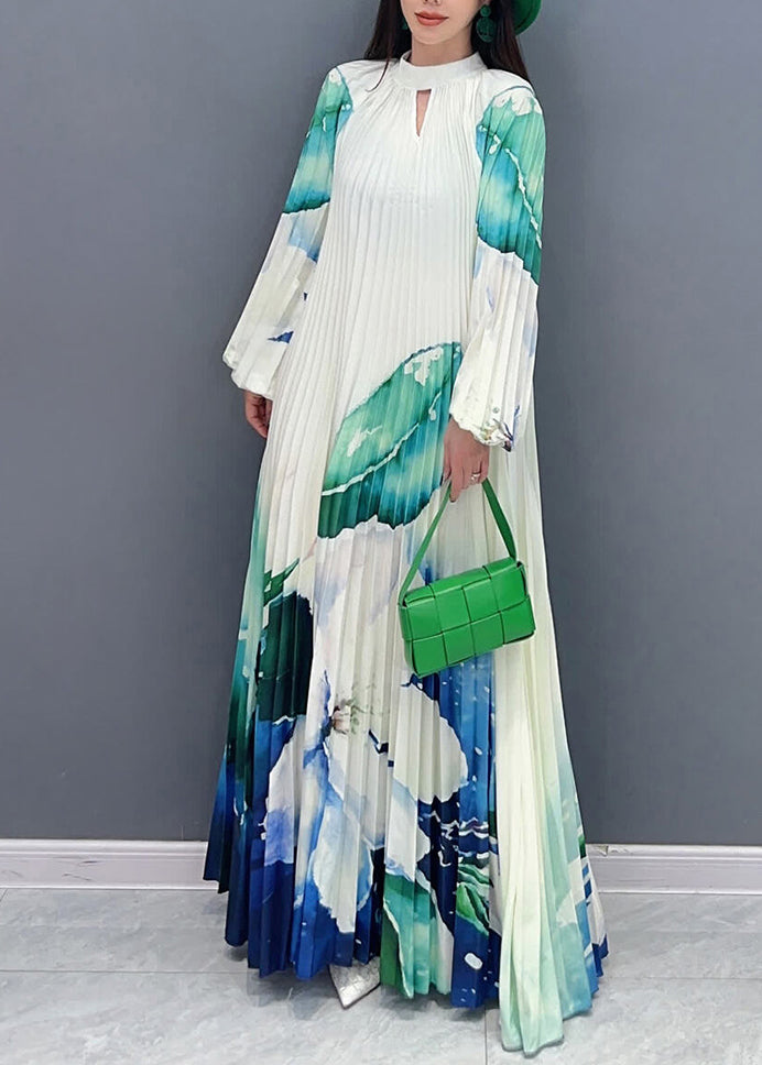 Green Turtleneck Print Tie Waist Long Dresses Long Sleeve