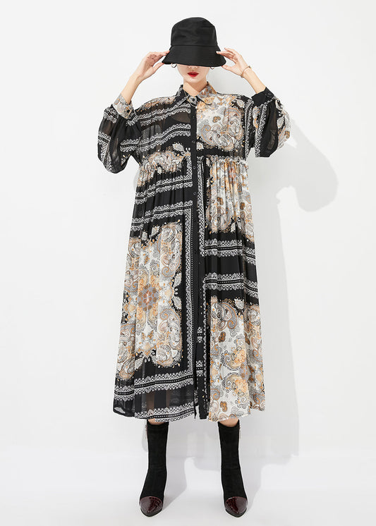 Black Print Oversized Wrinkled Chiffon Long Dresses Spring