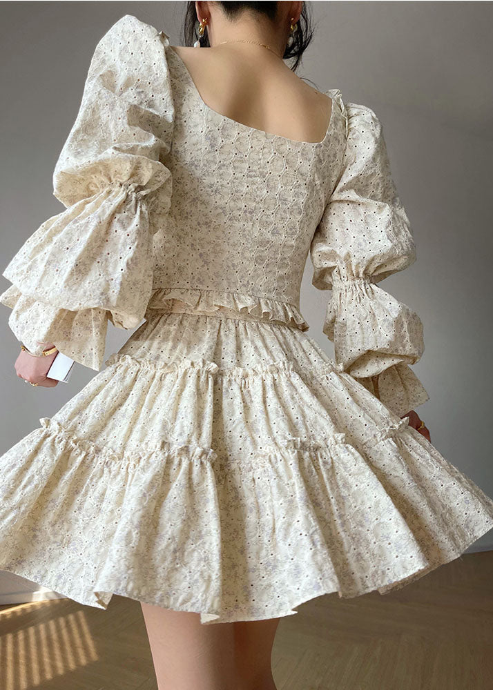 Beige Square Collar Ruffled Print Cotton Dress Two Piece Set Long Sleeve