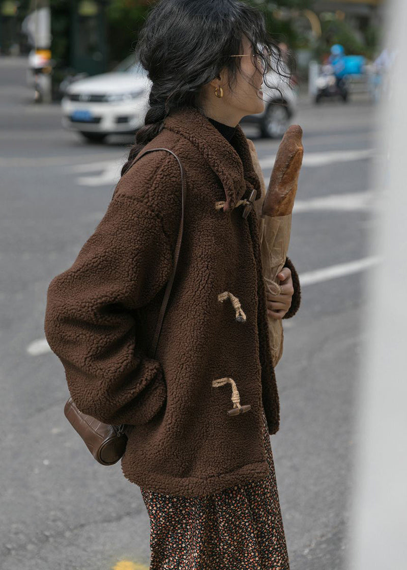 Chocolate Horn Button Thick Cashmere Teddy Coat Winter