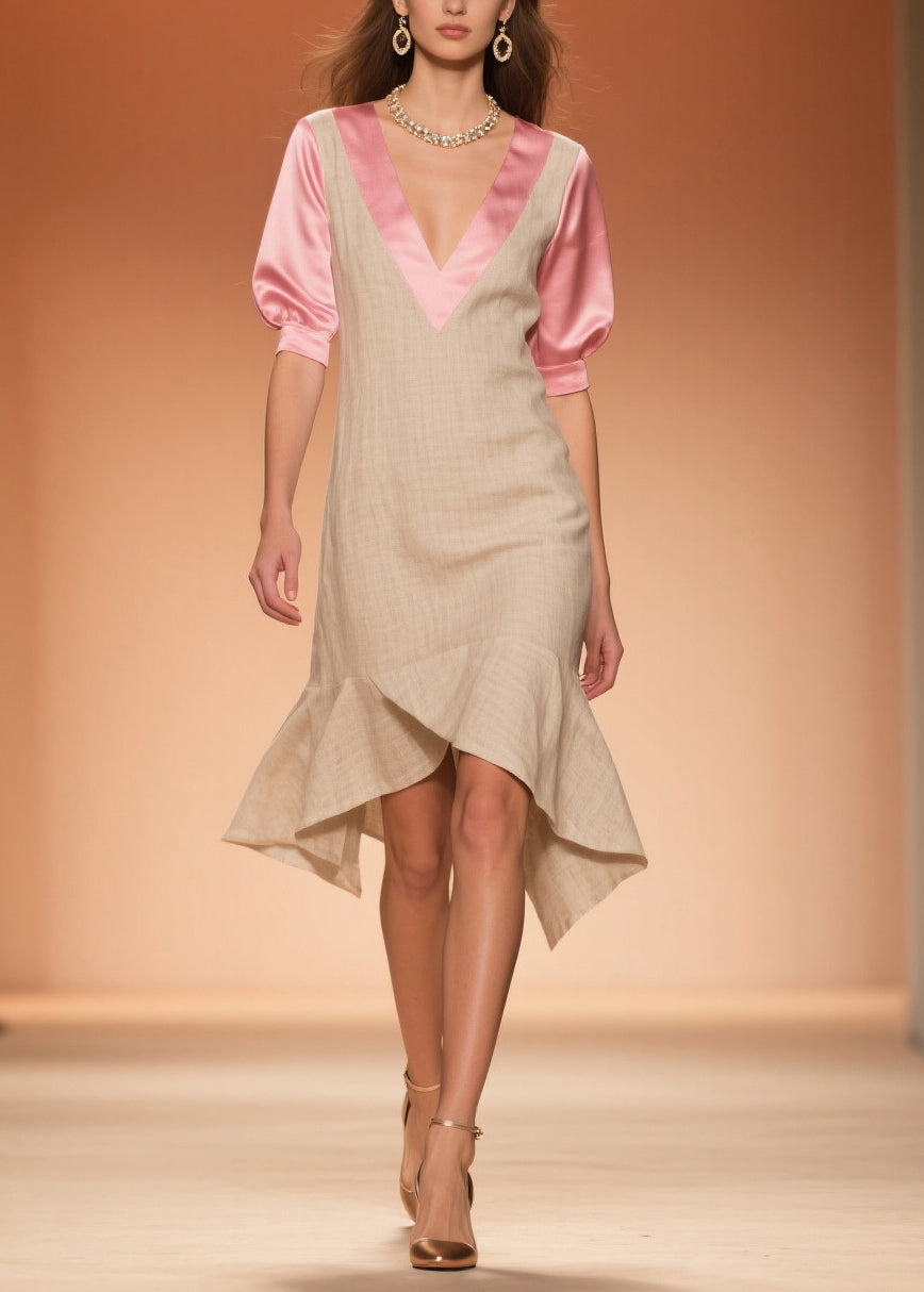 Beige Ruffled Patchwork Linen Silk Fake Two Piece Dress Summer
