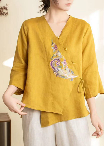 Yellow Embroidered Lace Up Linen Shirts Spring