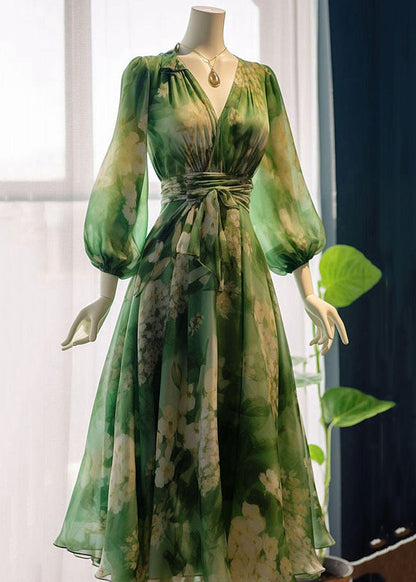French Green V Neck Print High Waist Chiffon Dresses Long Sleeve Summer